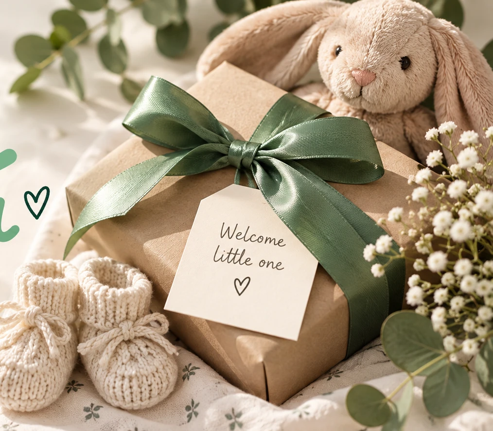 A thoughtful welcome gift with sage green ribbon, teddy bunny and tiny baby booties